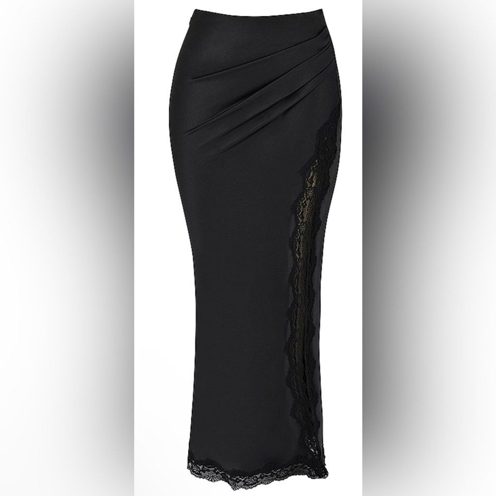 House of CB RUBY NWT Black Satin Lace Trim Midi Skirt Small - Picture 2 of 10